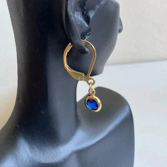 Vintage Gold Tone Drop Earrings with Blue Crystal - Picture 3 of 7
